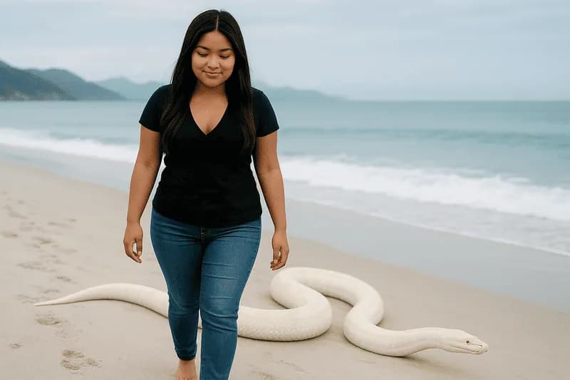 Mulher caminhando na praia acompanhanda por uma enorme cobra branca