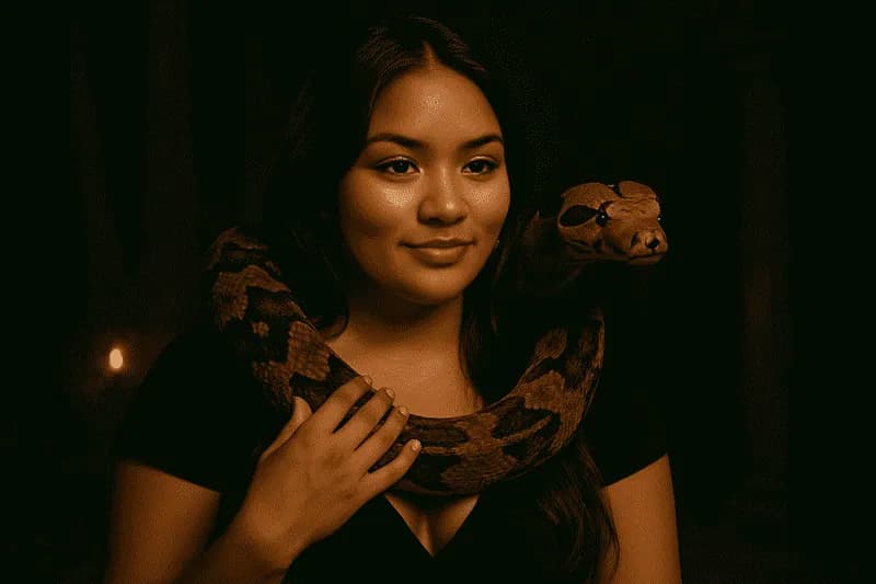 Cartomante com cobra enorme em seu pescoço