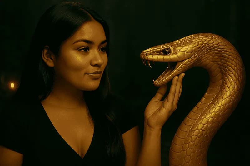 Cartomante Dara Anamê olhando para escultura de serpente dourada