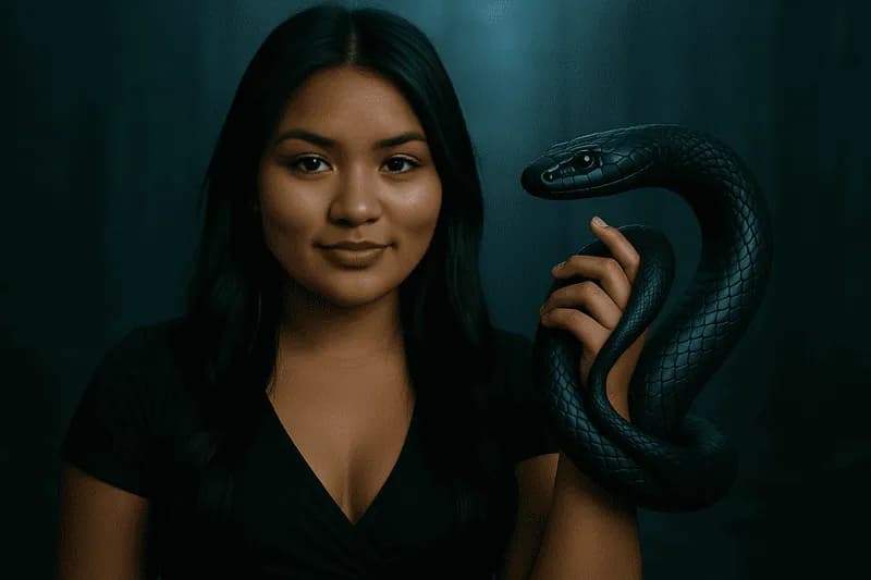 Taróloga Dara Anamê com uma cobra preta enrolada em seu braço