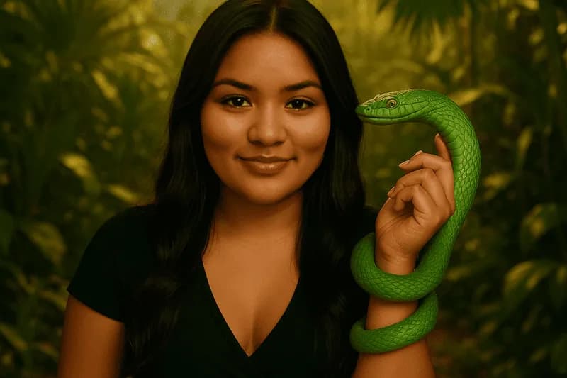 Dara com serpente verde enrolada ao pulso em meio a floresta