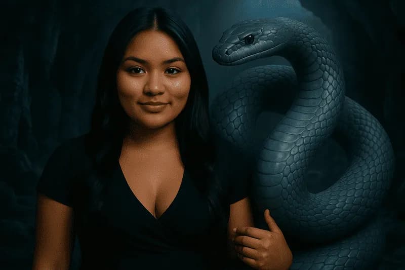 Cartomante Dara Anamê ao lado de cobra gigante em caverna
