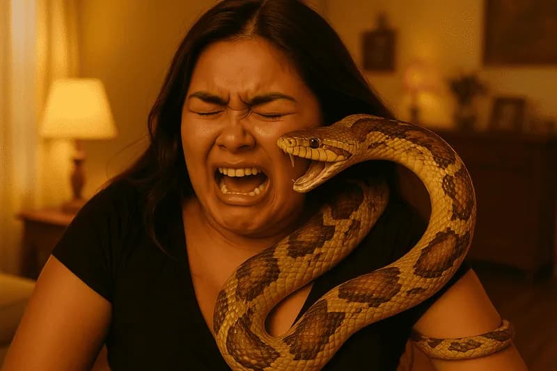 Cobra atacando mulher na sala de estar de casa