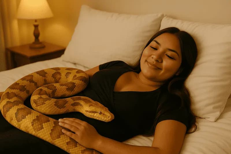 Dara Anamê deitada a cama com uma cobra amarela enorme