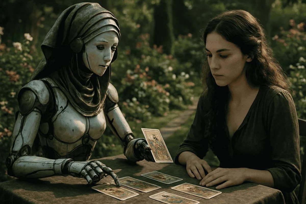 Robô de IA fazendo leitura de cartas de tarô para mulher