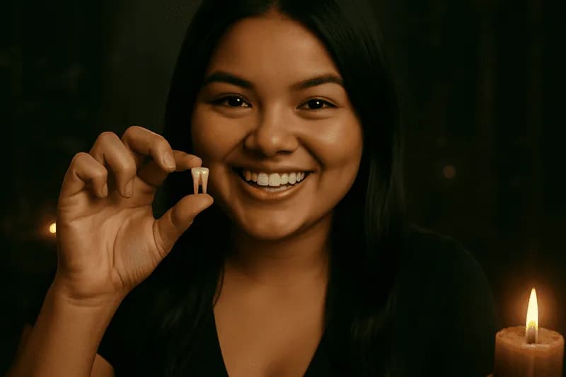 Mulher sorrindo e mostrando um dente extraído
