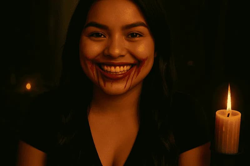 Mulher sorrindo com sangue nos dentes e nos lábios