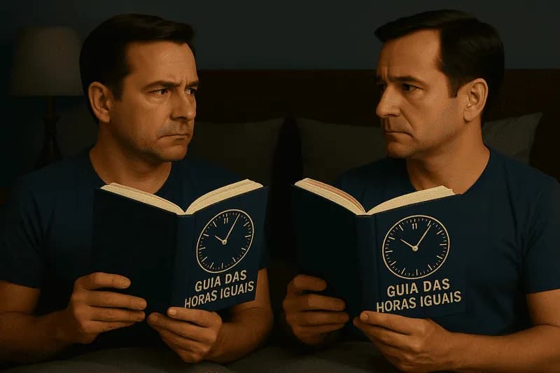 Homem com seu clone espelhado lendo livro