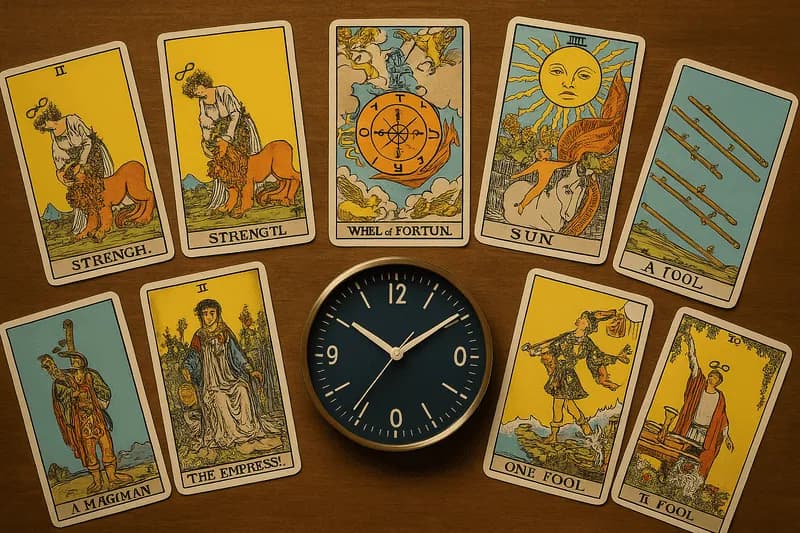 Cartas de tarô e relógio sobre a mesa