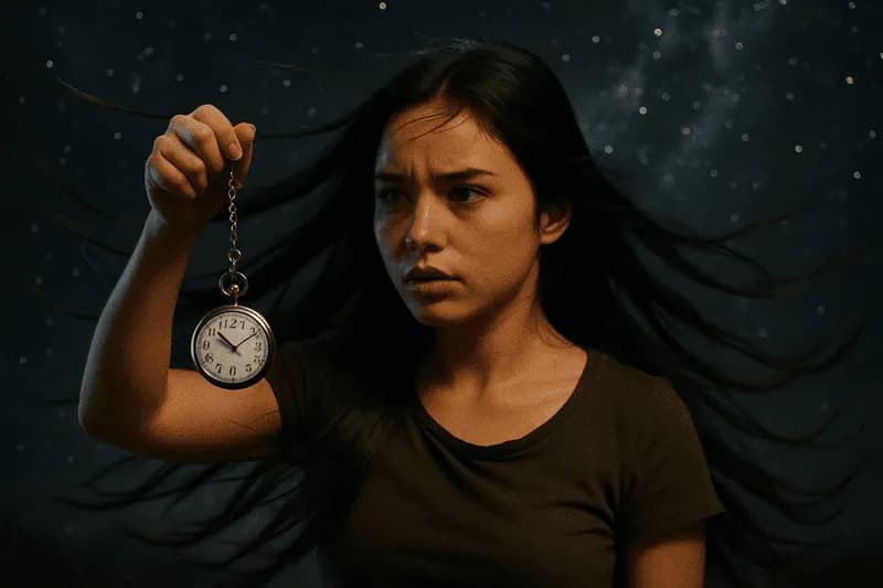 Garota segurando relógio com horas iguais em céu estrelado