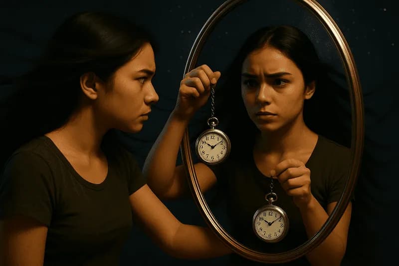 Reflexo do espelho entrega relógio com horas iguais para pessoa