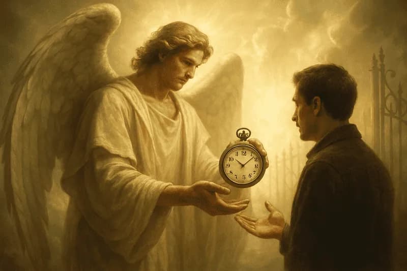 Anjo da guarda entregando relógio como mensagem para homem