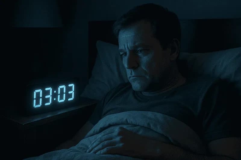Homem acordado de madrugada olhando seu relógio que marca 03:03