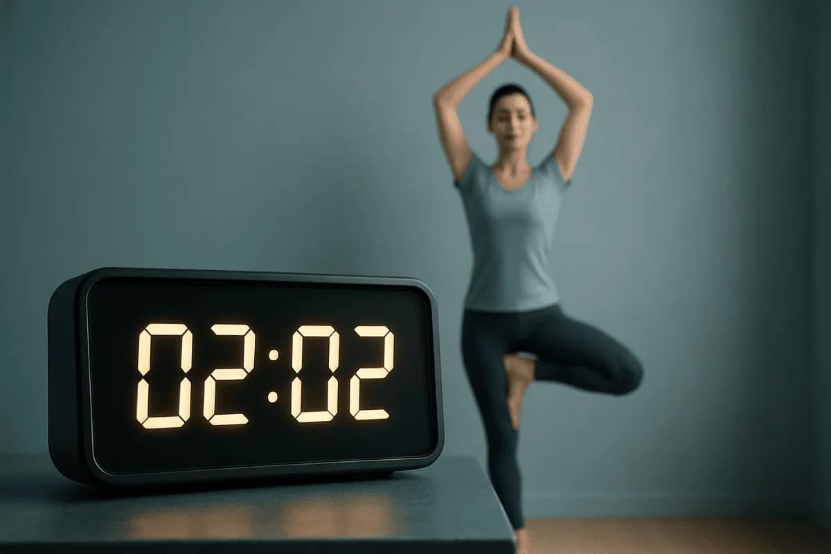 Relógio marca horas iguais 02:02 enquanto mulher se equilibra ao fundo
