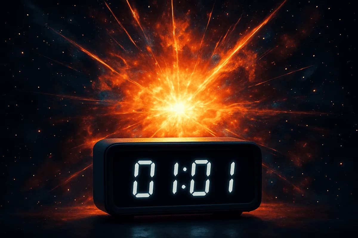 Relógio marca horas iguais 01:01 e o big bang acontece ao fundo