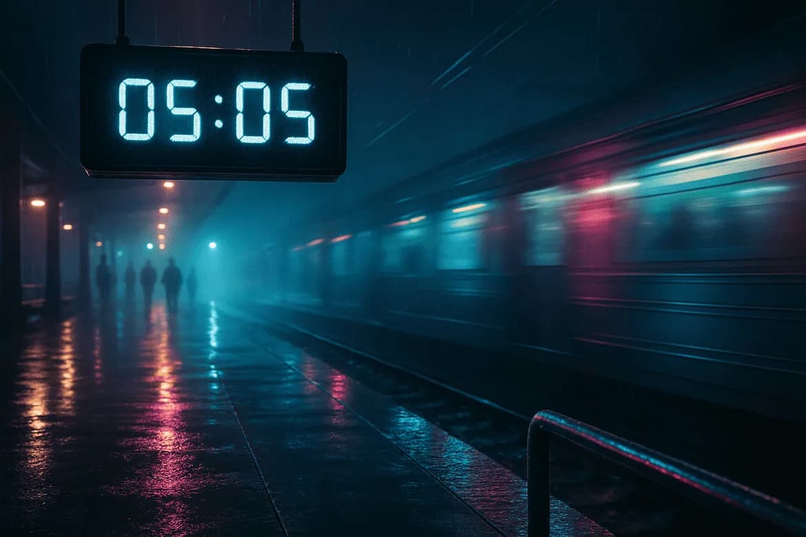 Horas iguais 05:05 em estação de metrô noturna