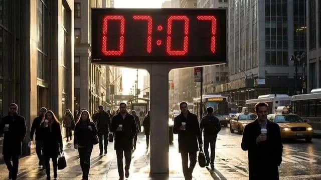 O relógio no centro da cidade marca as horas iguais 07:07