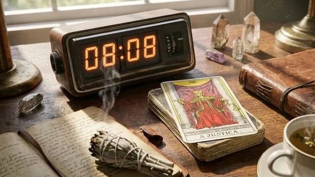 Horas iguais 08:08 em mesa de tarot