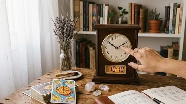 Relógio marca horas iguais 10:10 em mesa de tarot