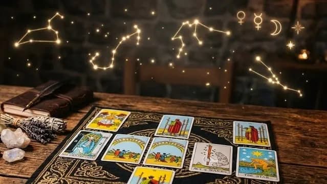 Mesa mística de madeira com cartas de tarot dispostas sob a luz de velas, com constelações douradas e símbolos dos signos do zodíaco brilhando ao fundo.