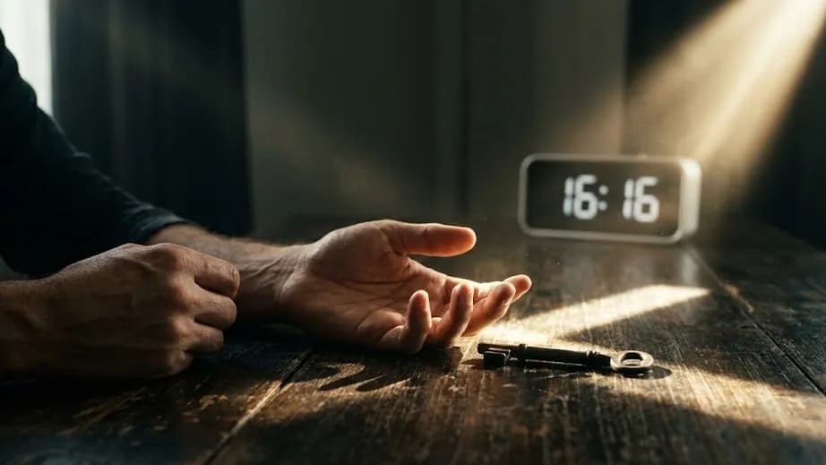 Relógio marcando 16:16 ao lado de cerâmica quebrada restaurada com ouro, representando o significado espiritual d'A Torre no tarô e a libertação após crises