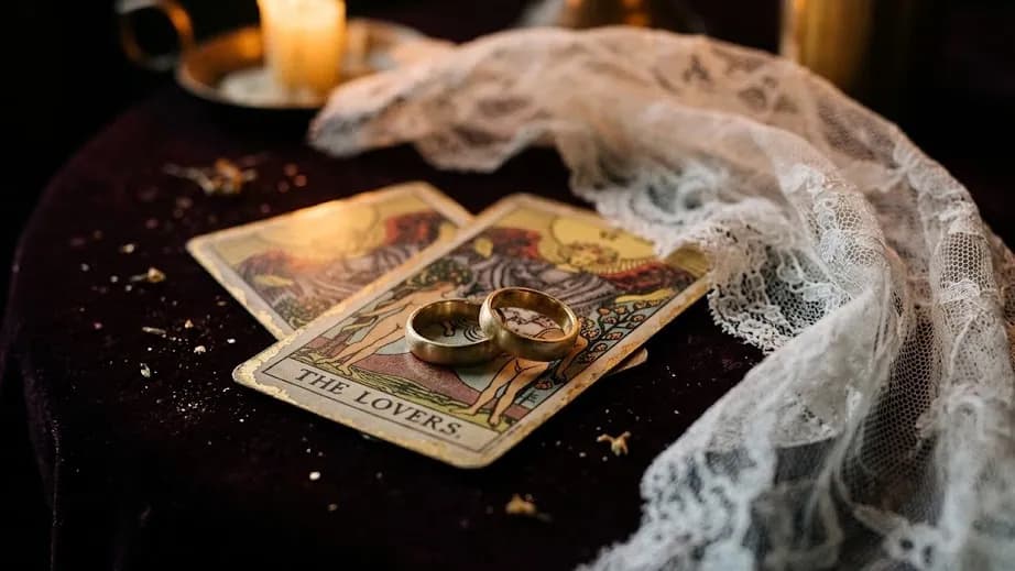 Alianças douradas sobre cartas de tarô e tecido de renda branca iluminados por luz de velas, simbolizando o significado de sonhar com casamento e novos compromissos