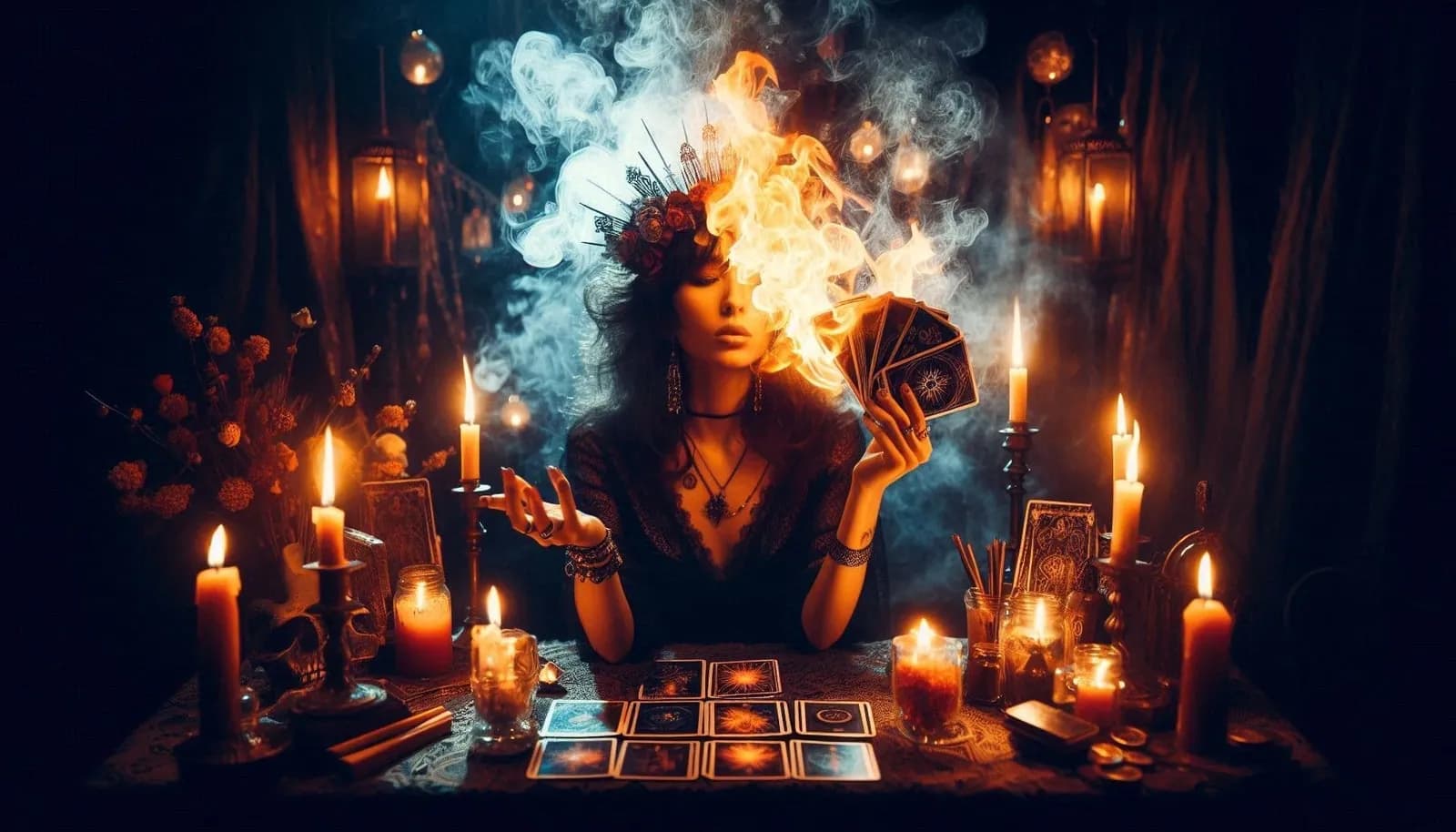 Cartas de tarot pegando fogo durante leitura
