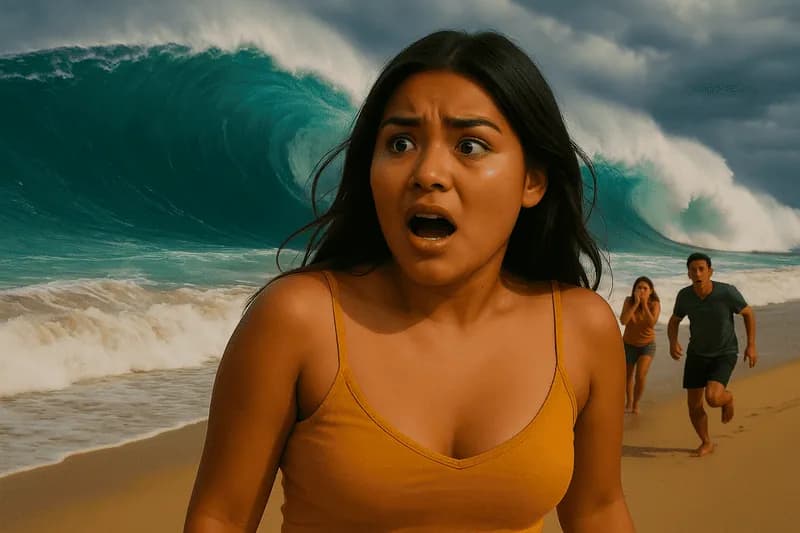 Pessoas assustadas na praia ao verem tsunami