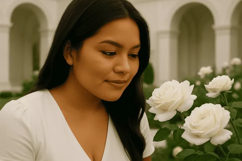 Mulher cheirando rosa brancas em jardim