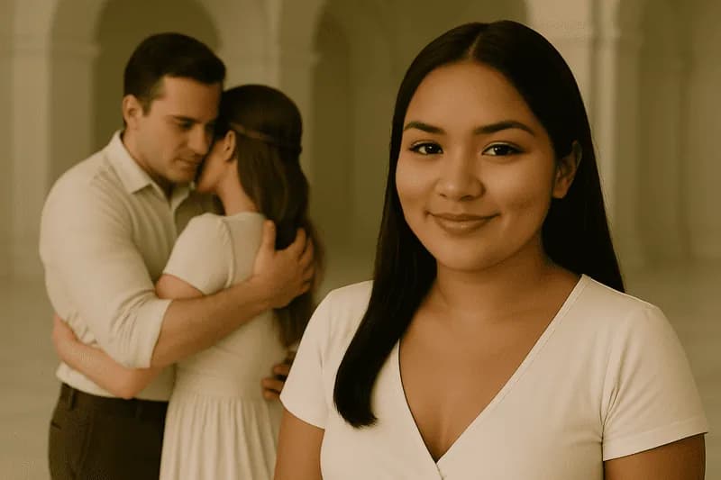 Casal se abraçando e taróloga sorrindo ao ver a cena