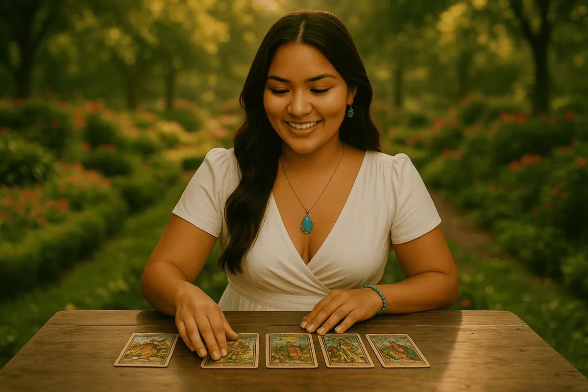 Cartomante em tiragem de cartas no jardim