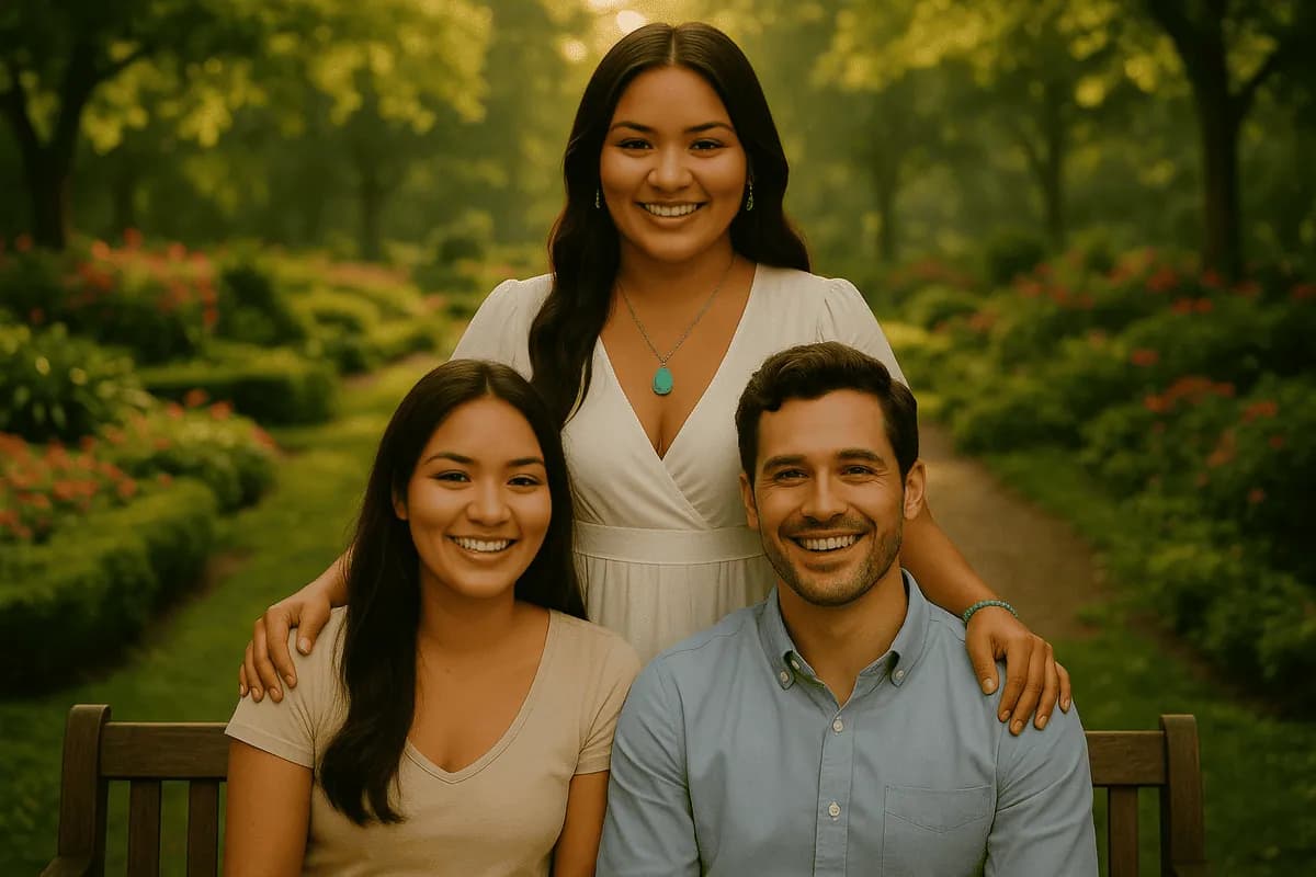 Mulher apoiando casal sorridente em encontro no jardim