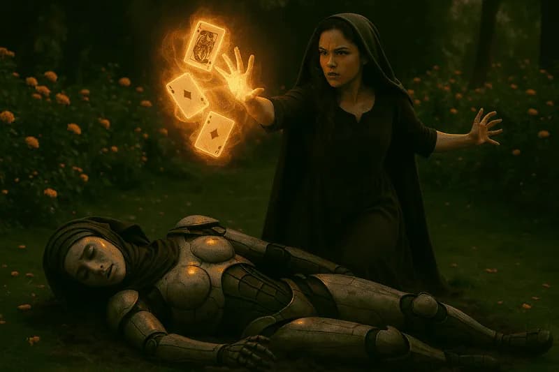 Taróloga usando cartas máginas para derrotar robô