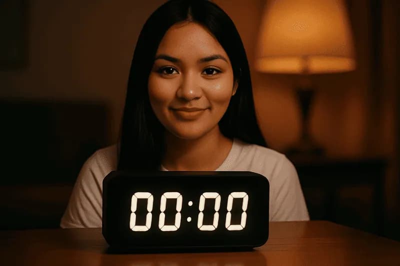 Dara Anamê atrás de relógio com horas iguais 00:00