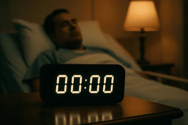 Homem deitado em cama de hospital, o relógio marca 00:00
