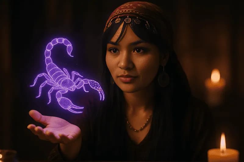 Cartomante manipulando um holograma roxo de escorpião representando o signo do zodíaco