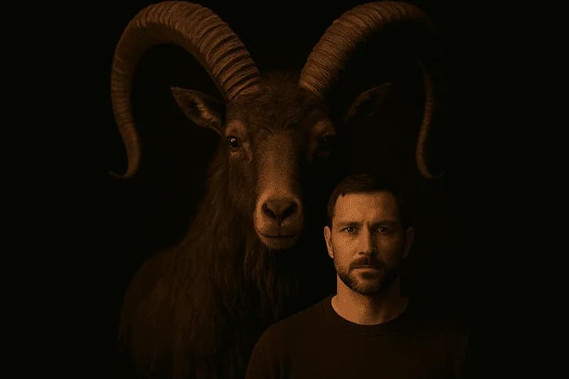 Homem acompanhado de animal de capricórnio