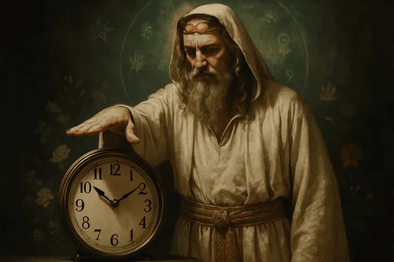 O mago do tarot estendendo sua mão sobre um relógio