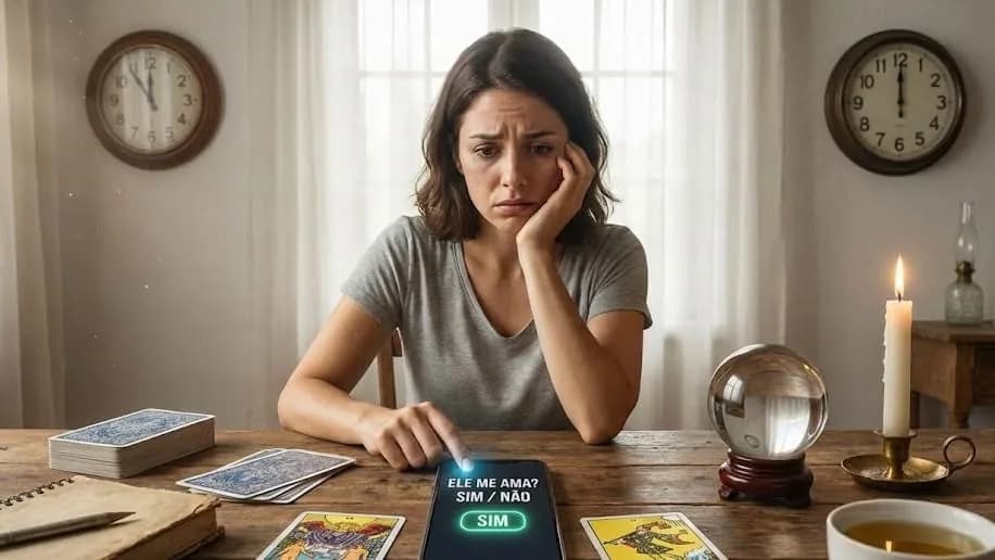 Mulher em consulta de tarot do sim ou não pelo celular