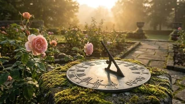 Relógio solar marca 06:06 em meio a jardim de rosas