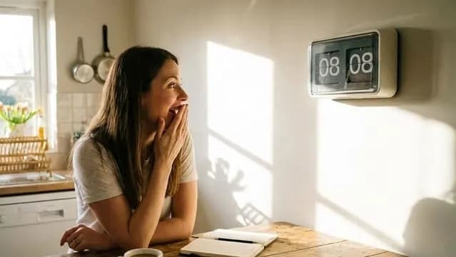 Mulher vendo o relógio as 08:08 da manhã