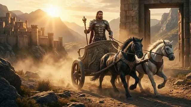 cavaleiro medieval em carruagem puxada por dois cavalos