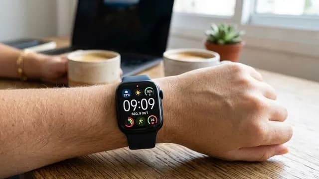 Relógio tecnológico da apple mostrando as horas iguais 09:09