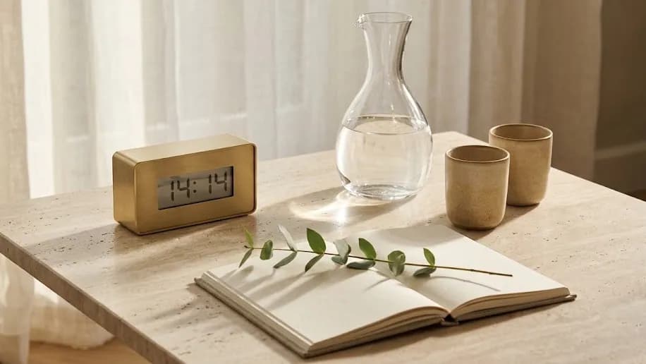 Relógio minimalista marcando exatamente 14:14 sobre mesa de mármore claro banhada pela luz da tarde com elementos de água e serenidade, simbolizando as horas iguais e o Arcano da Temperança