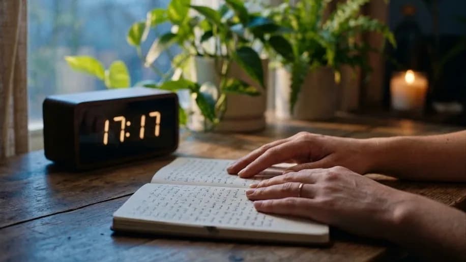 Relógio prateado marcando exatamente 17:17 ao lado de jarro de água cristalina, representando o significado de cura espiritual das horas iguais e do Arcano da Estrela