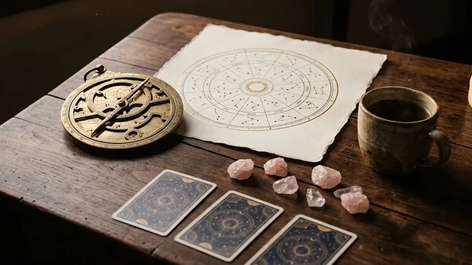 Mesa de consulta esotérica e terapêutica com mapa astral do zodíaco, cristais de quartzo rosa e cartas de tarô em luz suave, simbolizando a compatibilidade de signos no amor e a sinastria
