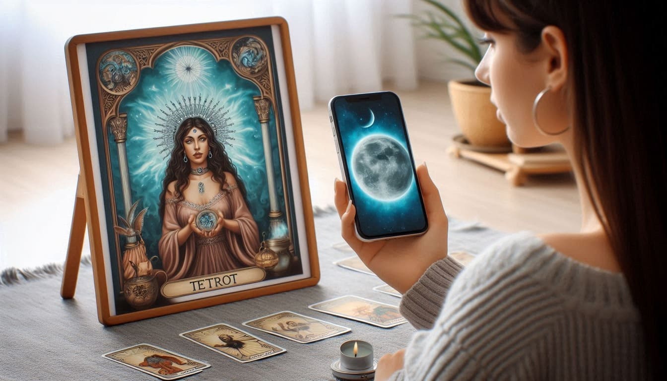 Mulher fazendo uma consulta de tarot do amor online através do celular