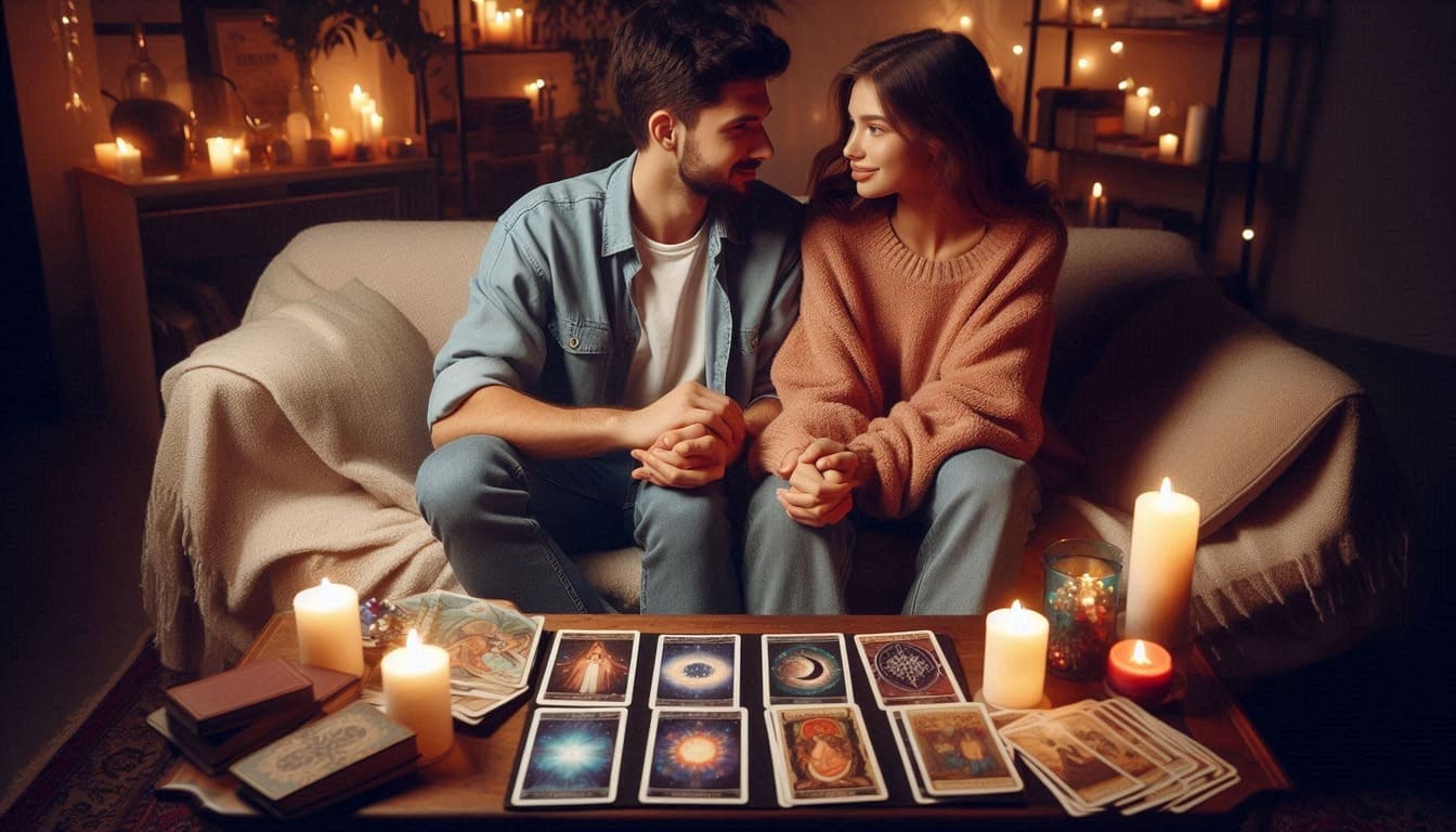 Casal apaixonado em sala com harmonia pela ajuda do tarot do amor