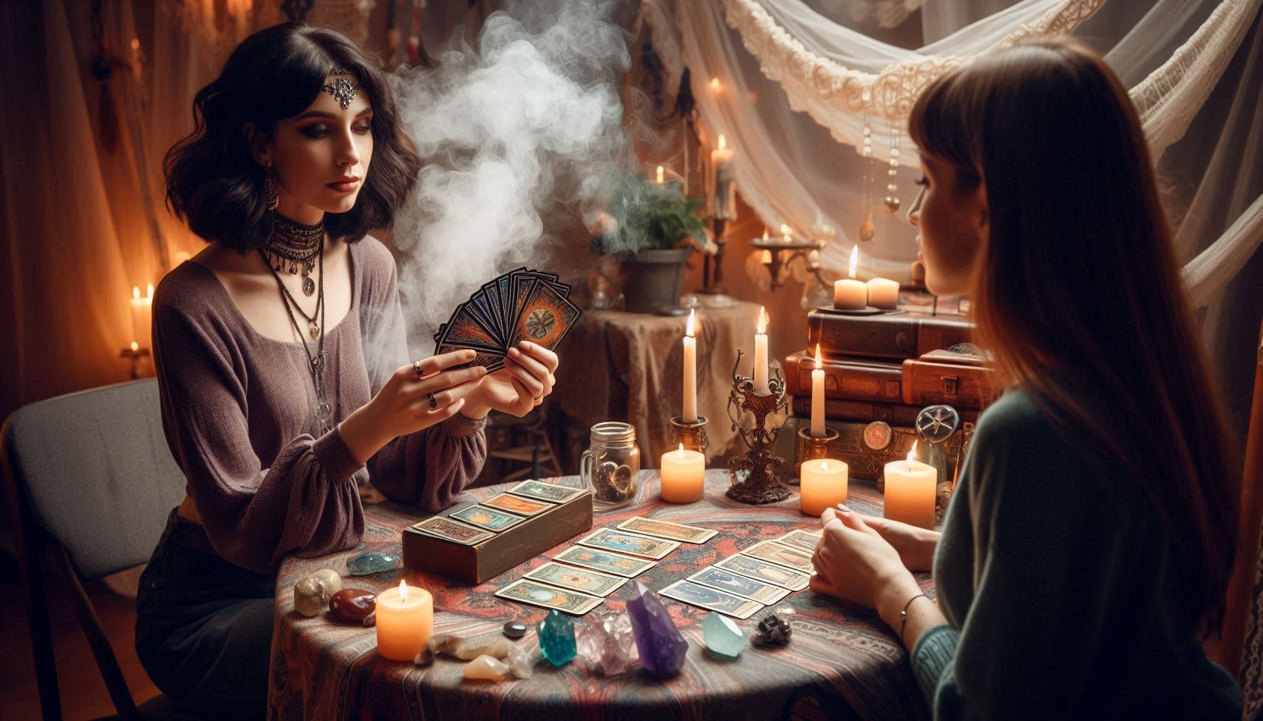 Consulta de tarot em uma tenda mística