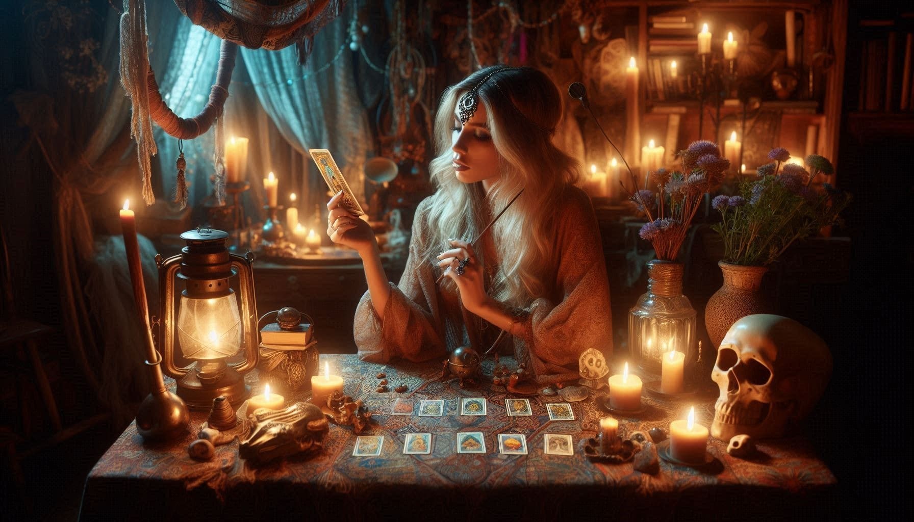 Taróloga fazendo leitura de carta do tarot